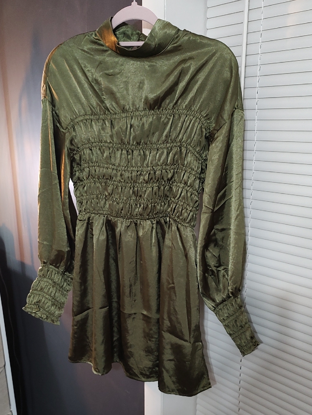 Lumiere Olive Green Smocked Satin Mini Dress
